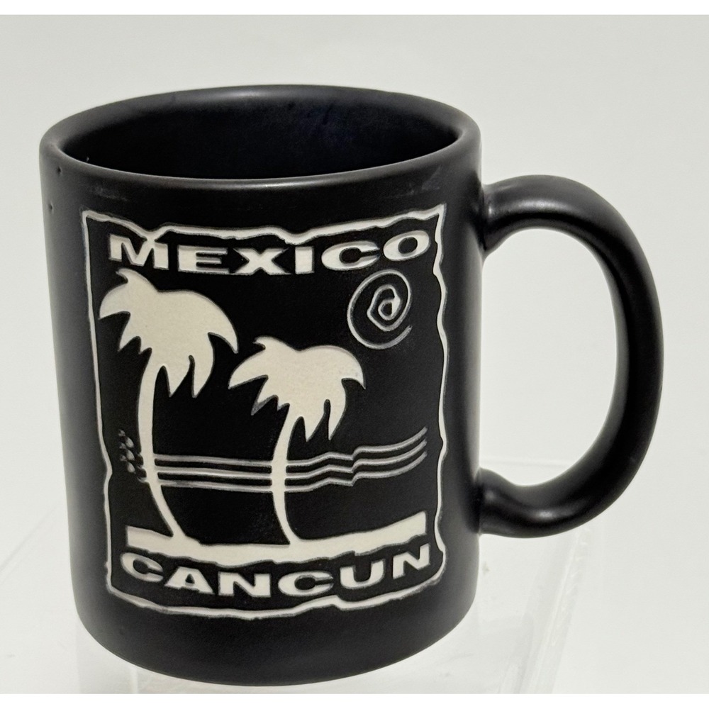 Cancun Mexico Souvenir Coffee Mug Matte Black Palm Tree Raised Graphic USA Made